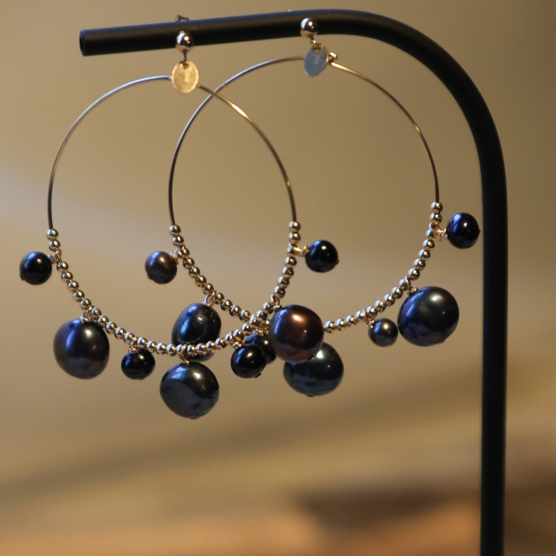 Créoles des Dunes - Gold Filled "or laminé" (585/1000) - perles d'eau douce noire