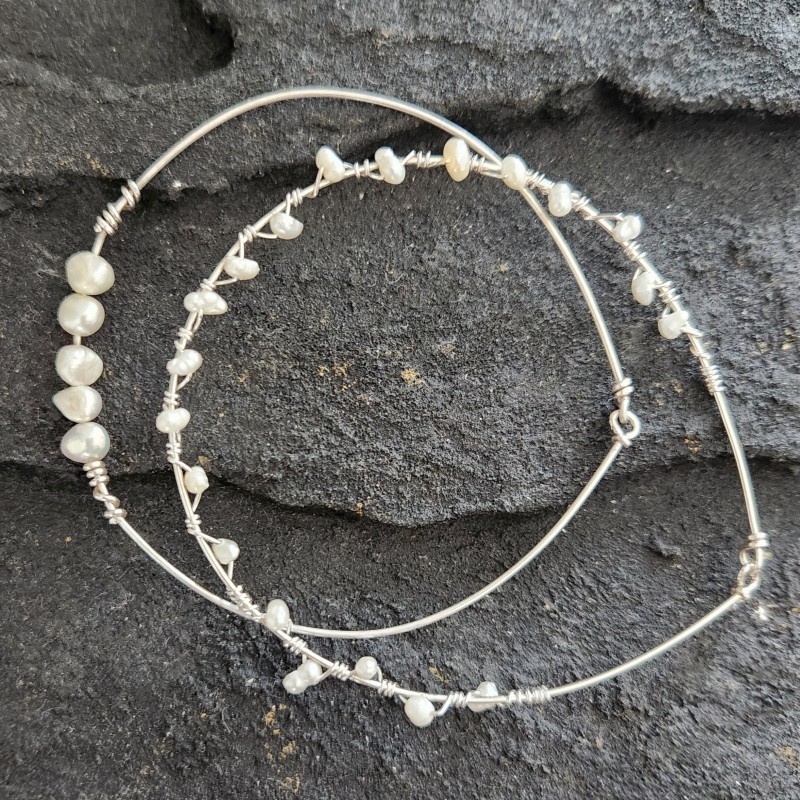 Duo Jonc pavé tressé - perle de culture - Modèle Hina - Argent