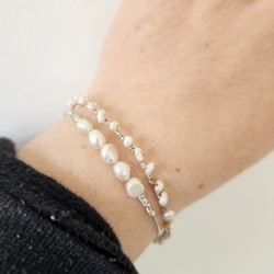 Duo Jonc pavé tressé - perle de culture - Modèle Hina - Argent