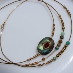 Set de 3 joncs fins posés à plat : le jonc Una en labradorite serti grenat et deux joncs en turquoises facettées et billes d'or.
