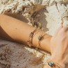 Mains entrelacées d'une femme dans l'écume de l'océan, bague artisanale Triah et le set de joncs précieux Enya en labradorite.